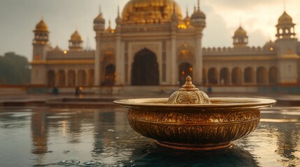 Fototapeta premium Ornate golden basin in a Mughal-style garden
