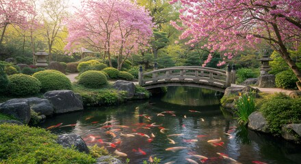 Peaceful Japanese Garden with Cherry Blossoms and Koi Fish