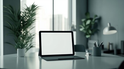 Fototapeta premium Blank screen tablet on modern office desk clean minimalist workspace