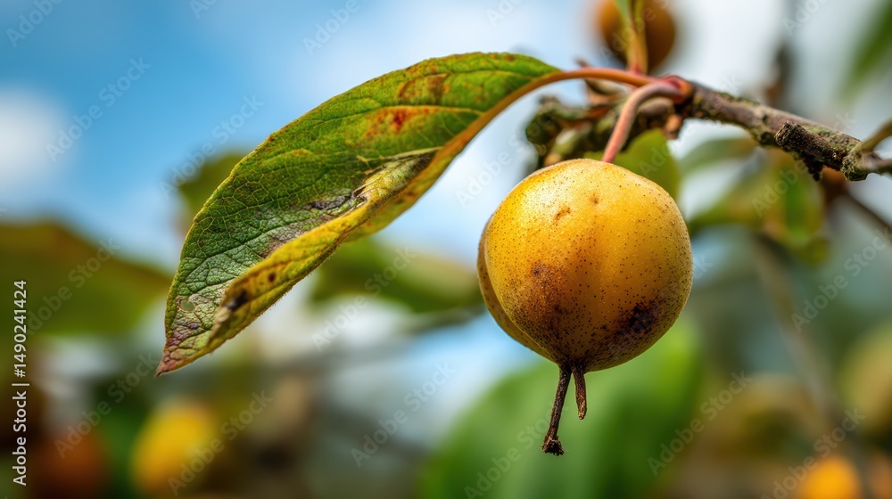 Poster close up of a ripe crabapple fruit hanging from a branch with a leaf and blurred background of the s