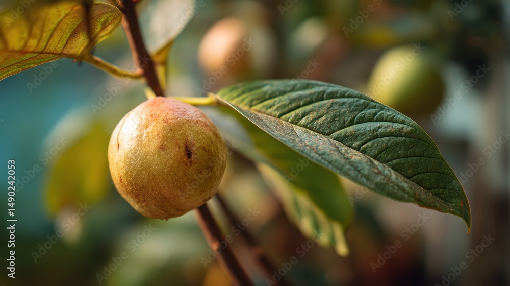 Poster close-up view of a ripening guava fruit and leaves on a branch with natural and blurred backgrounds 