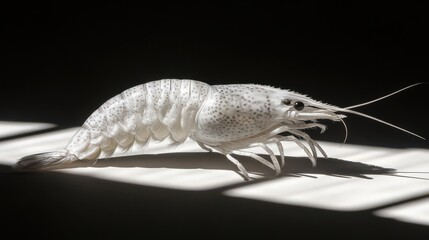 Close-up of a white shrimp showcasing intricate details and textures against a dark backdrop