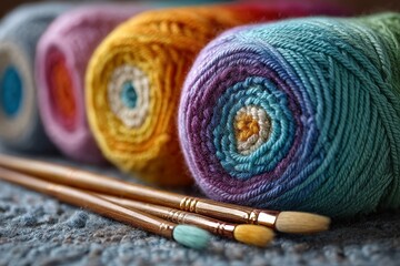 Colorful knitting yarn and needles arranged for handmade craft projects.