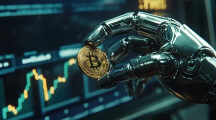 Fototapeta premium Robotic hand holding Bitcoin