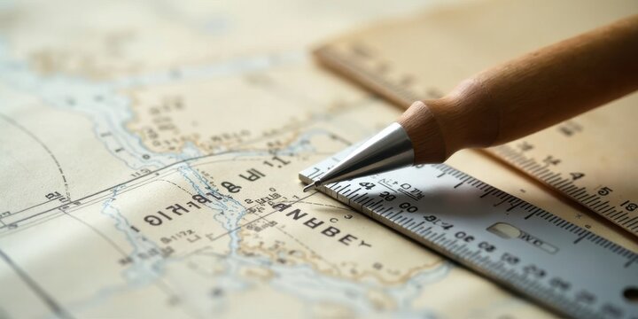 Precise Measurement of a Nautical Chart Using a Wooden Drafting Pencil and Metric Ruler