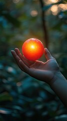 Illuminated orb held in a hand amidst a forest.