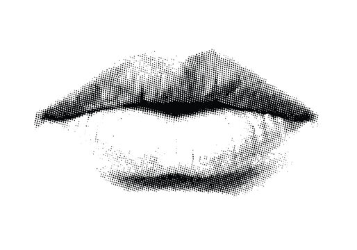 A halftone-style illustration of a human lip with retro grainy texture. Vector illustration for grunge psychedelic surreal poster or tattoo in 90s aesthetic y2k, collage, design