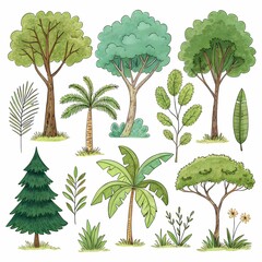 Fototapeta premium Trees Image-Whimsical Hand-Drawn Tree and Shrub Illustration Set