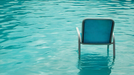 Lonely blue chair immersed in crystal clear water of a swimming pool