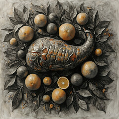 The image showcases a surreal still life scene featuring a dark, cracked orange in the center, surrounded by a collection of citrus fruits and leaves.