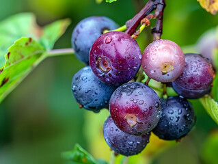 close-up of ripe grapes on vine with dew in morning light