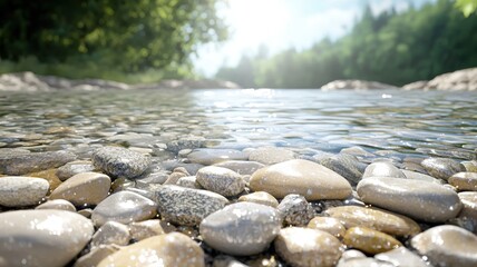 Fototapeta premium Close-up of wet pebbles and clear water on a sunlit riverbed water pebbles riverbed wet close-up sun