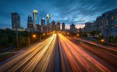 Fototapeta premium Philly skyline at dusk with long exposure light trails on freeway and urban cityscape