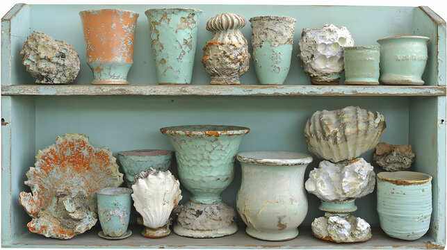 Rustic pottery collection on vintage shelving, a showcase of seaside inspired decorative arts