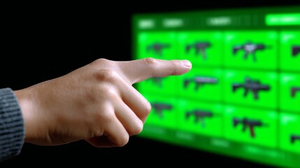 Hand Interacting with Digital Interface Displaying Firearm Selection on a Vibrant Green Background