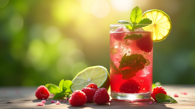 D&eacute;licieux mojito &agrave; la framboise isol&eacute; sur une table en bois dans un d&eacute;cor d'&eacute;t&eacute;, effet bokeh