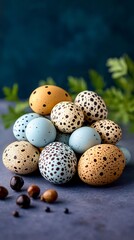 Fototapeta premium Colorful speckled eggs in a pyramid shape