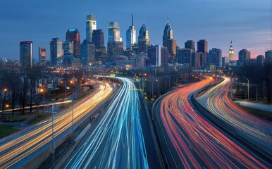 Philly skyline at dusk with long exposure light trails on freeway and urban cityscape