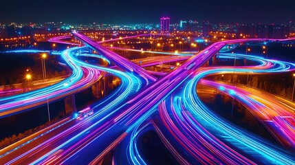 Colorful cityscape highway interchange at night.
