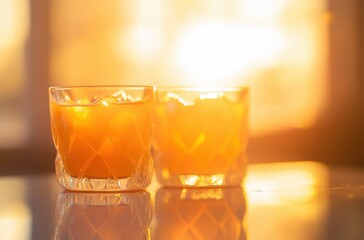 Soft focus background with orange drinks and glass