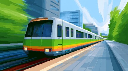 Pixel Art of a Retro Green and Orange Train Speeding Through a Vibrant City Landscape