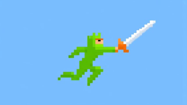Pixelated Knight Jumping with Sword Against Clear Blue Sky Background