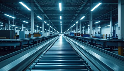 Dimly Lit Warehouse with Conveyor Belts under Fluorescent Lights