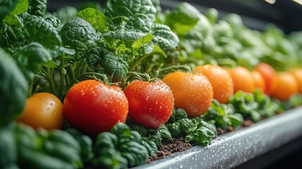 Fresh tomatoes and spinach growing in a vibrant indoor garden with water droplets