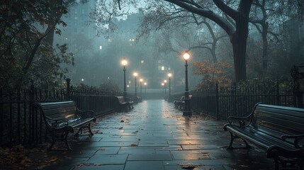 Foggy autumn park path at night, benches, city lights