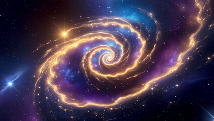 Abstract Galaxy Spiral with Vibrant Dust Clouds and Star Particles, Galactic Nebula, Shimmering Stars, Cosmic Dust
