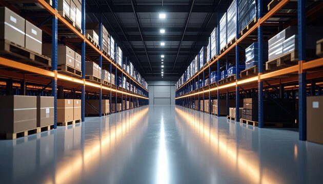 Dimly Lit Warehouse with Shelving Units and Reflective Floor Space