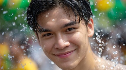 Obraz premium Young Man Smiling Amidst Water Splashing During Vibrant Festival Celebration