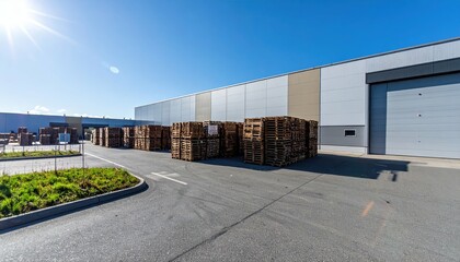 Obraz premium Efficient Bulk Storage with Stacked Pallets in Bright Sunlight