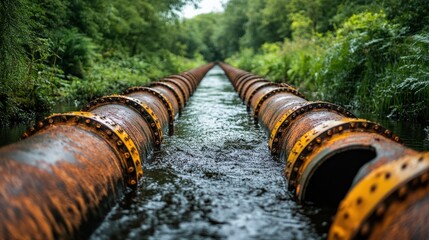 Rusty pipes lying in a stream surrounded by lush greenery