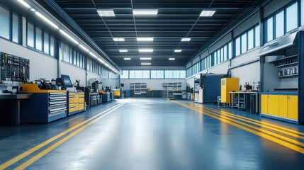 Modern auto repair shop interior; clean, well-lit workspace; industrial background; used for automotive advertising
