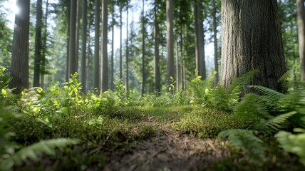 Fototapeta premium Sunlit Forest Floor: Vibrant Green Moss and Ferns in a Tranquil Woodland forest green ferns moss sky