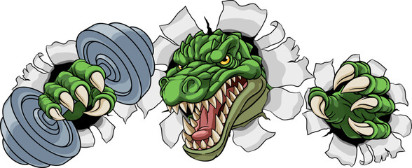 A crocodile, dinosaur or alligator lizard weight lifting trainer, exercise or body building gym cartoon sports mascot holding weights dumbbell
