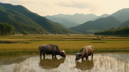 Fototapeta premium Water buffalo graze in paddy field, mountain background, rural Vietnam, agriculture