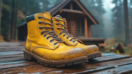 A pair of worn yellow hiking boots on a rainy forest path