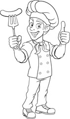A chef cartoon barbecue cook man giving thumbs up and holding a hotdog or grilled sausage on a BBQ or cooking fork mascot character illustration