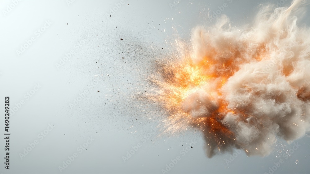 Aufkleber dynamic explosion on grey background with fire, smoke, and particles explosion dynamic particles joy