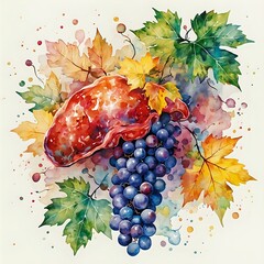 A vibrant watercolor painting features a cluster of grapes surrounded by colorful autumn leaves, with splashes of color and an artistic, impressionistic style.