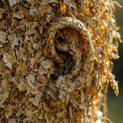 An ear-shaped object is partially covered in dried leaves, forming an intricate natural pattern against a blurred green background.