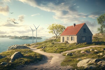 Coastal house with wind turbines