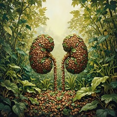 The image depicts two kidney-shaped structures composed of dried leaves and seeds, surrounded by a lush, verdant forest.