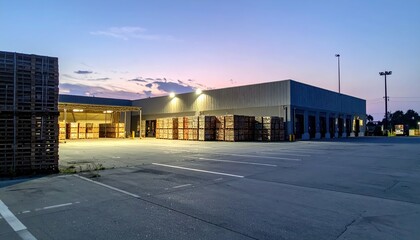 Stacked Pallets at Distribution Center Under Dusk Sky with Lights