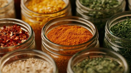 Colorful array of spices in glass jars displaying rich textures and vibrant colors
