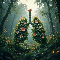 An artistic image depicting a pair of lungs crafted from foliage and flowers, surrounded by a lush forest filled with colorful flowers.