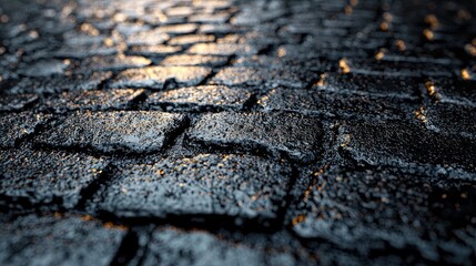 Paved cobblestone pathway urban city texture close-up nighttime low angle visual serenity