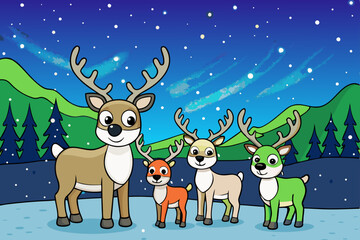 Naklejka premium Reindeer family beneath glowing northern lights vector illustration